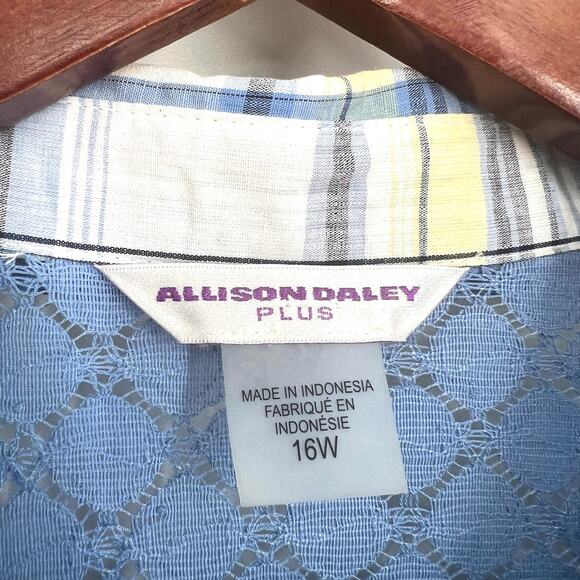 Allison Daley Plus Size 16W Blue Yellow Plaid Blouse Shirt Top Tropical Mature - Picture 2 of 9
